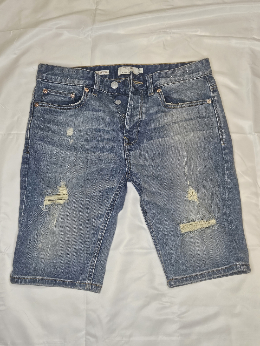 Topman Distressed Midwash Blue Denim Shorts Woman's Size 30 Button Fly